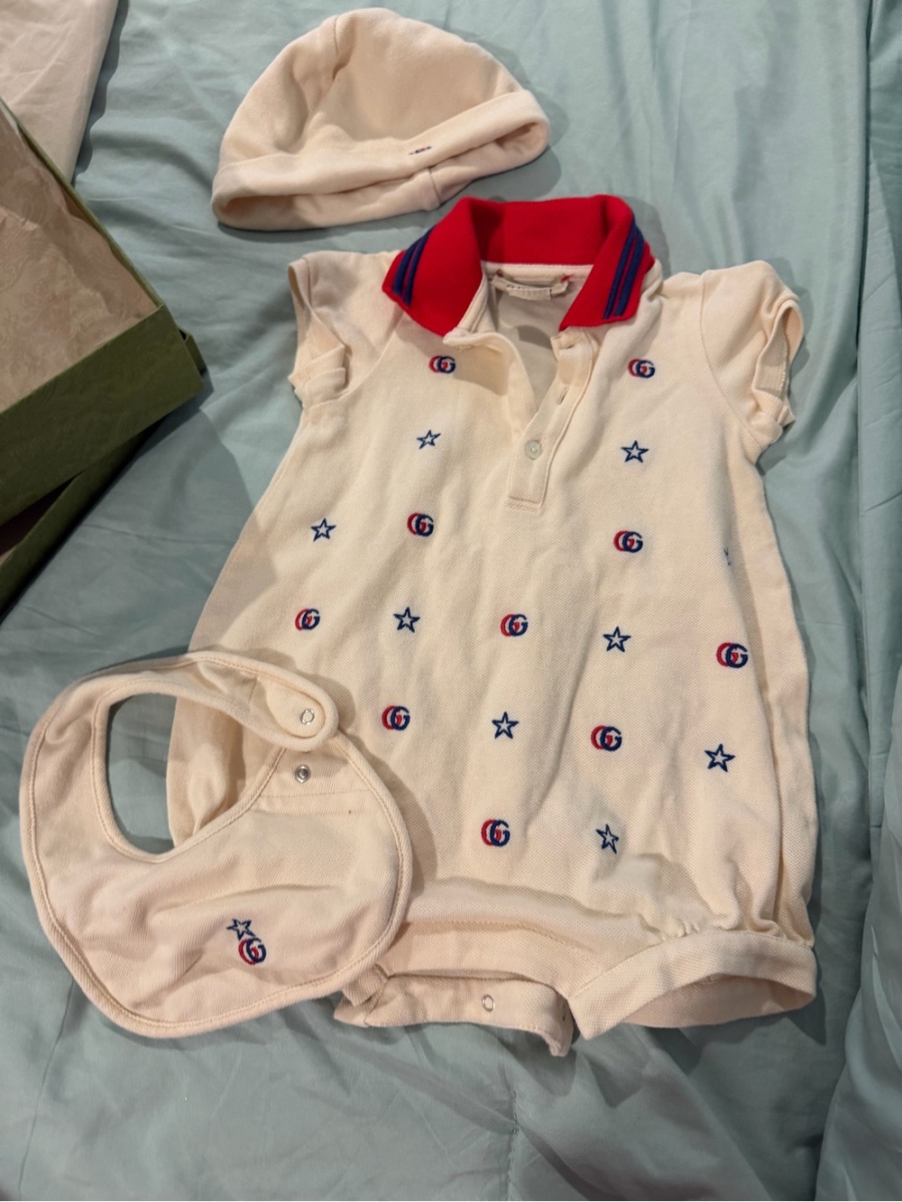 Gucci Cream Polo Romper with Red Collar and Blue Embroidery